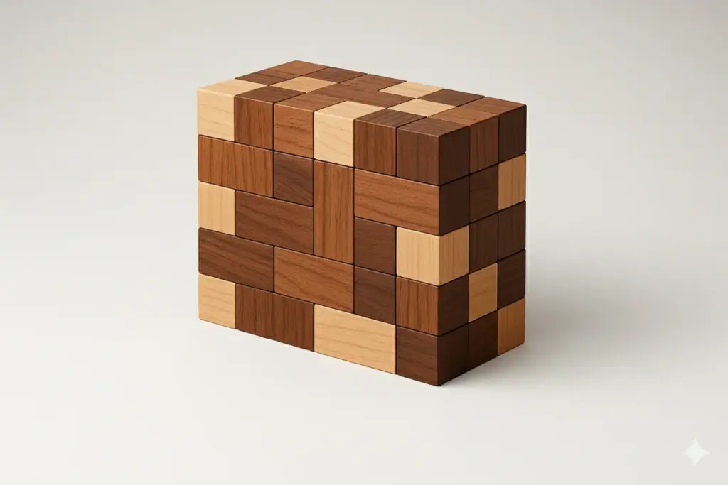 RightFit Strategy Framework wooden puzzle blocks assembled to make a large wooden 3-D rectangle.