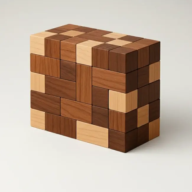 RightFit Strategy Framework wooden puzzle blocks assembled to make a large wooden 3-D rectangle.