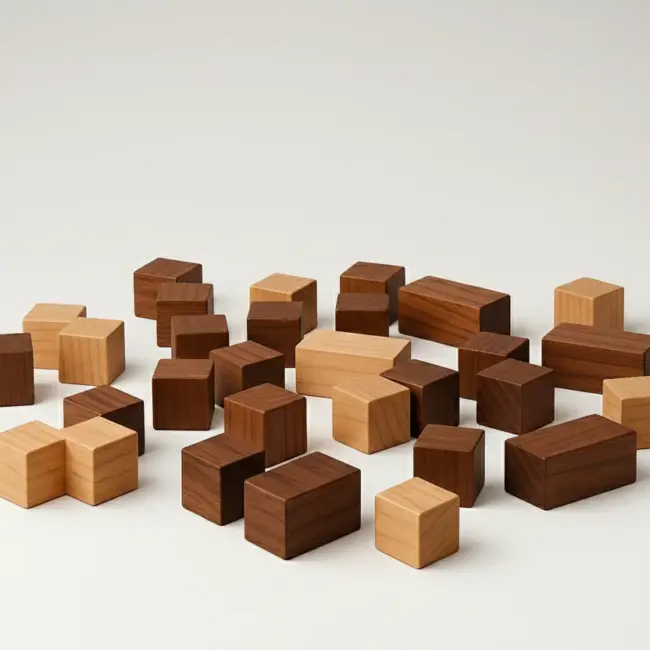 RightFit Strategy Framework wooden puzzle blocks scattered into broken wooden blocks on a white background.