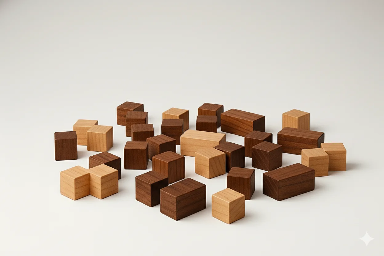 RightFit Strategy Framework wooden puzzle blocks scattered into broken wooden blocks on a white background.