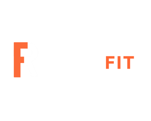 RightFit logo, white and orange on transparent background