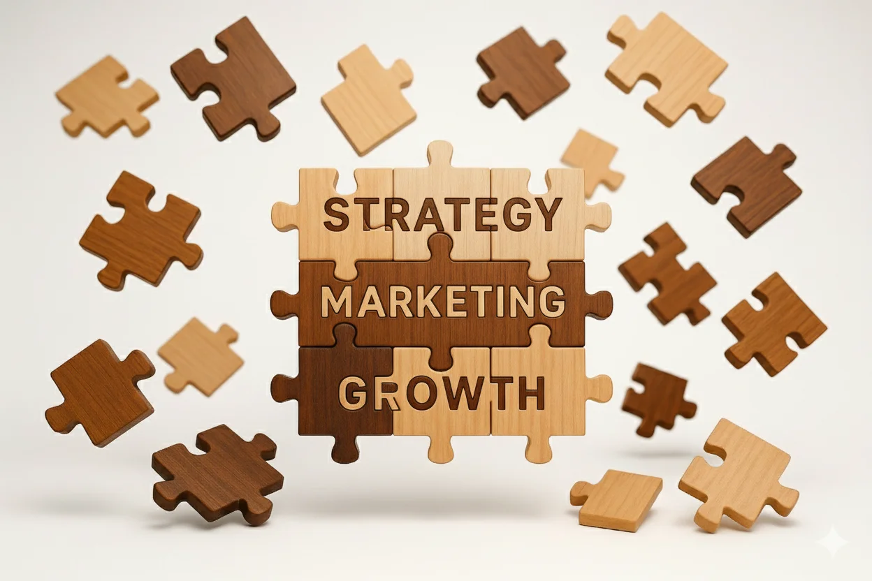 Image of a partially completed puzzle. The completed portion has the words Strategy, Marketing, and Growth. The rest of the puzzle pieces are scattered around the central completed portion