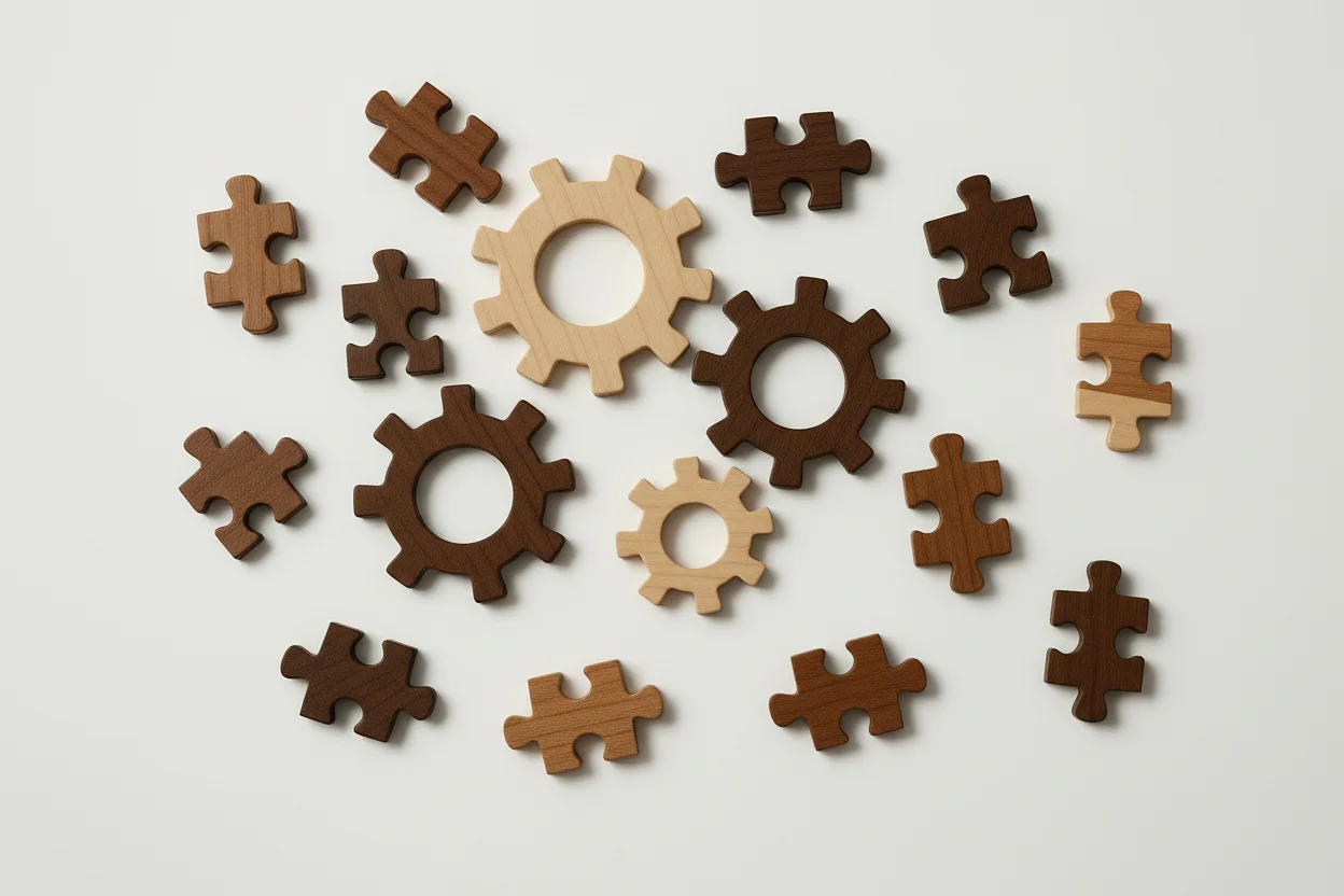 RightFit Automation Framework image of wooden puzzle pieces and wooden gears scattered around and unassembled.