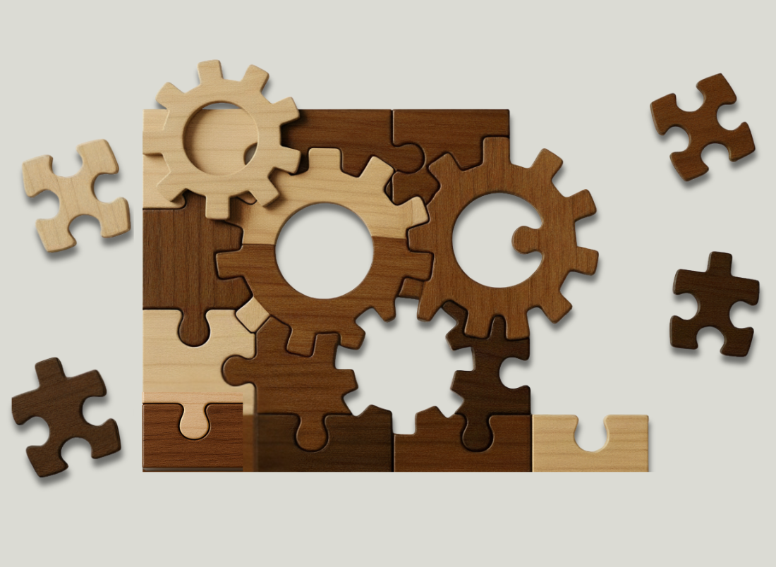 RightFit Automation Framework puzzle partially completed with some of the wooden gear images and some of the puzzle pieces assembled and other scattered about.