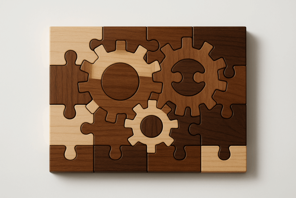 The completed RightFit Automation Framework puzzle image with wooden gears inlaid into the wooden puzzle with light and dark wooden pieces.