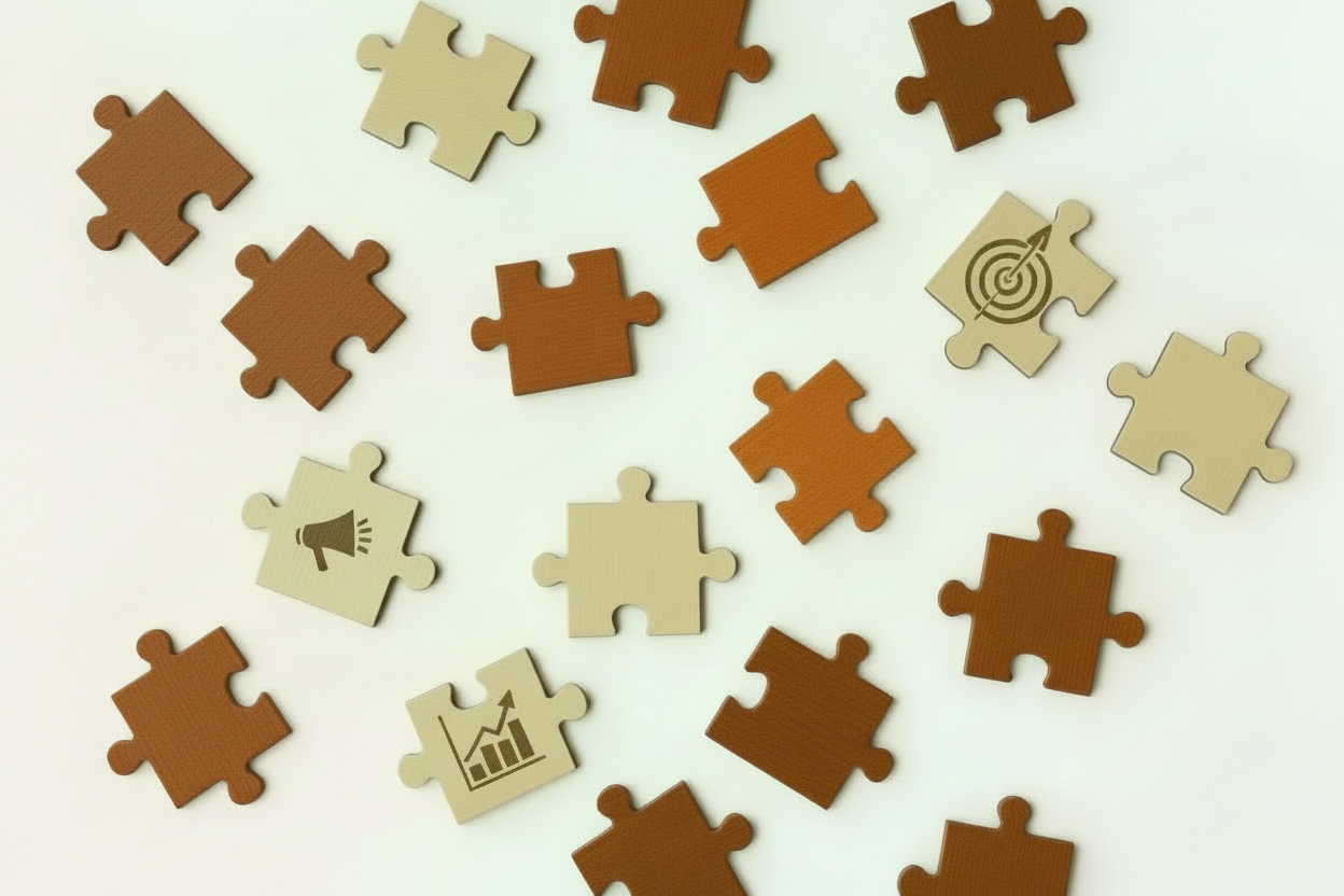 RightFit Marketing Framework puzzle with unassembled and scattered puzzle pieces spread out.