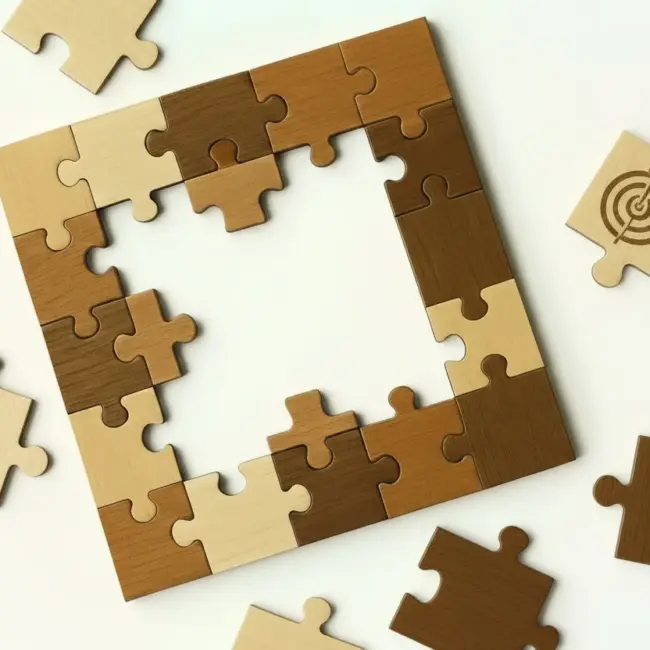 RightFit Marketing Framework puzzle partially completed with the outside of the puzzle completed and the inner portion of puzzle pieces scattered about.