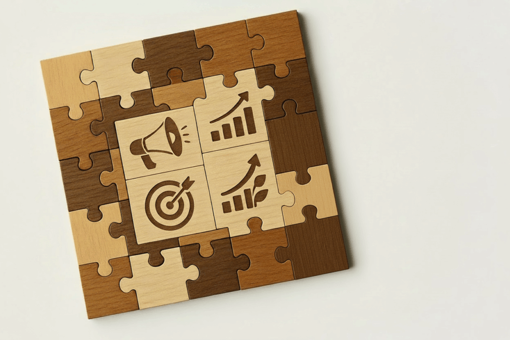 RightFit Marketing Framework puzzle completed with multiple shades of wooden puzzle pieces.