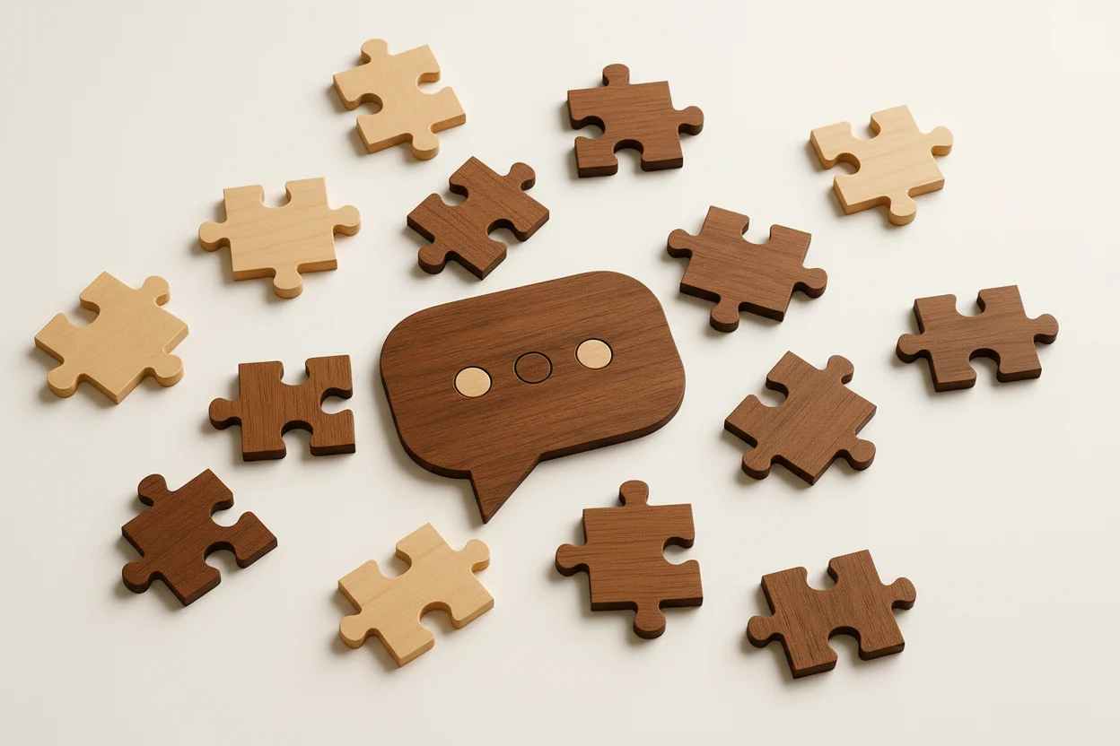 RightFit Messaging Framework puzzle image with scattered unassembled wooden puzzle pieces around the thought bubble puzzle piece.