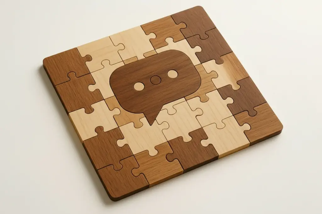 RightFit Messaging Framework puzzle image with assembled wooden puzzle pieces around the thought bubble puzzle piece.
