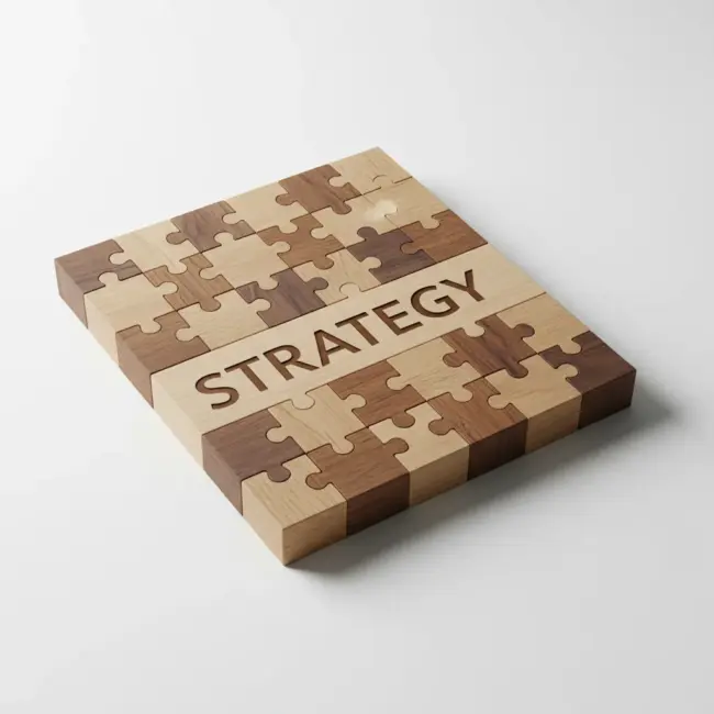 A completed wooden puzzle, made of interlocking pieces in alternating light and dark wood tones, with the word "STRATEGY" engraved across the center.