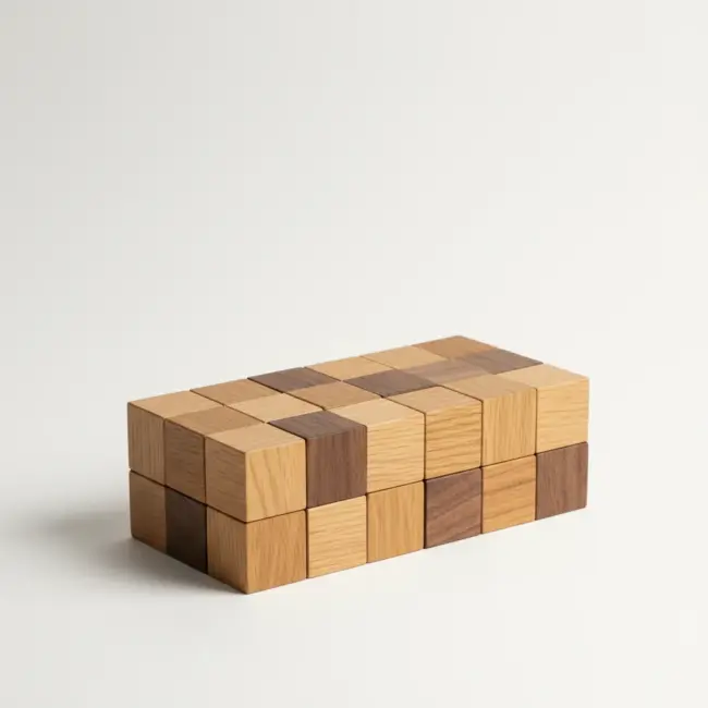Multiple individual wooden puzzle pieces scattered on a white surface, showcasing four distinct shades of natural wood.