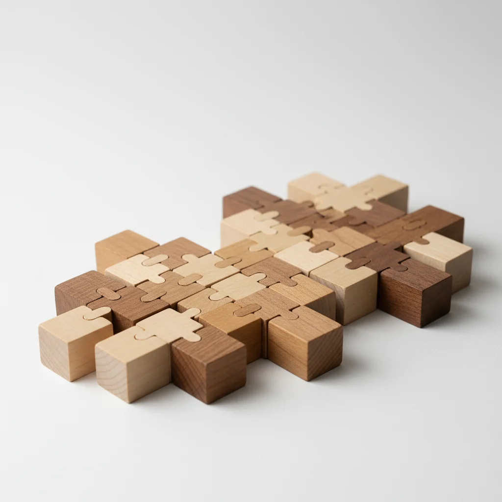 Wooden puzzle pieces arranged flat, interlocked in an irregular shape; four shades of natural wood.