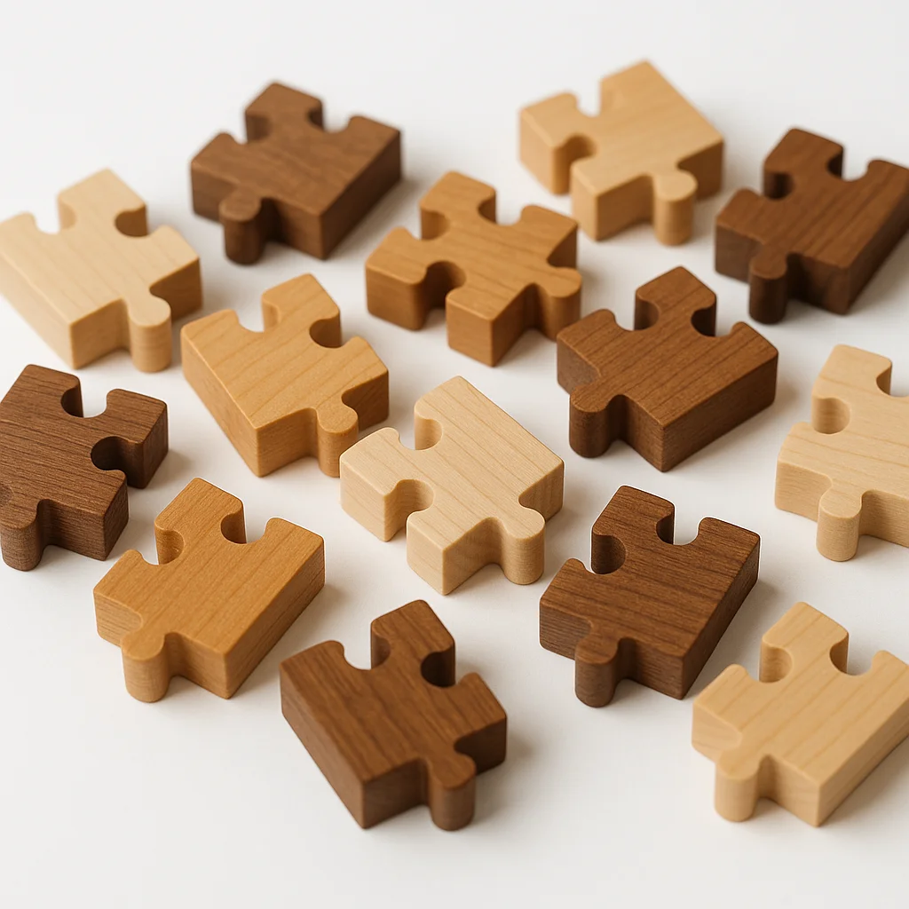 Multiple individual wooden puzzle pieces scattered on a white surface, showcasing four distinct shades of natural wood.
