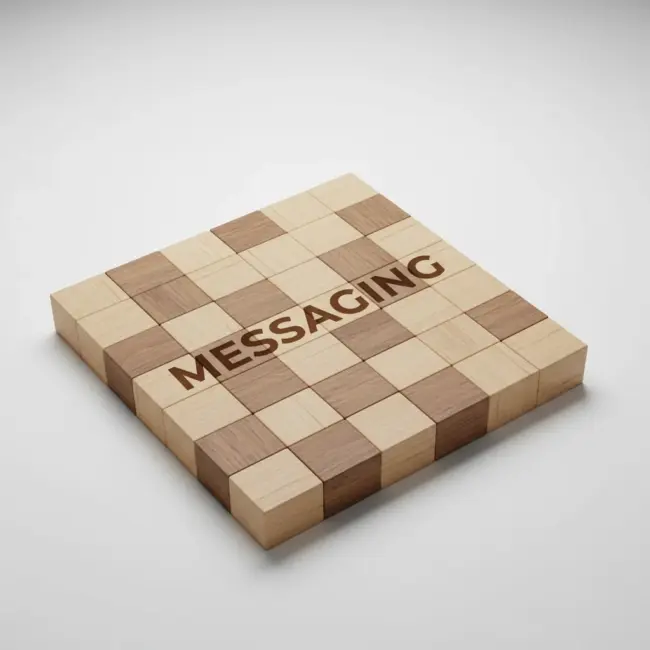 A square puzzle made of interlocking wooden blocks in an alternating checkerboard pattern, with the word "MESSAGING" engraved across the center.