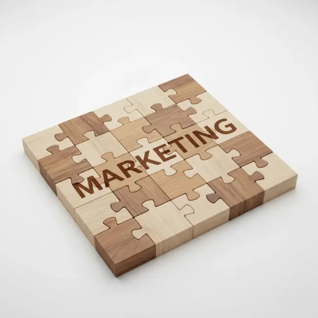 A square puzzle made of interlocking wooden pieces in alternating light and dark shades, with the word "MARKETING" engraved across the center.