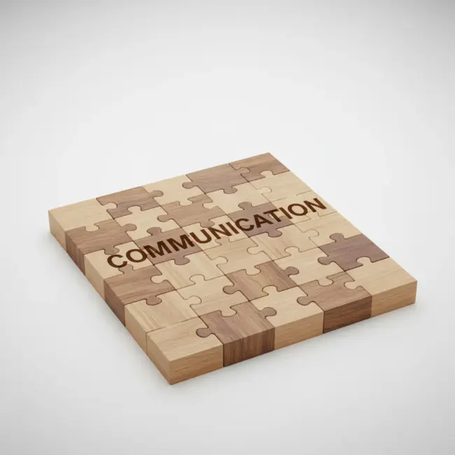 A completed square wooden puzzle made of interlocking pieces, with the word "COMMUNICATION" engraved across the center.