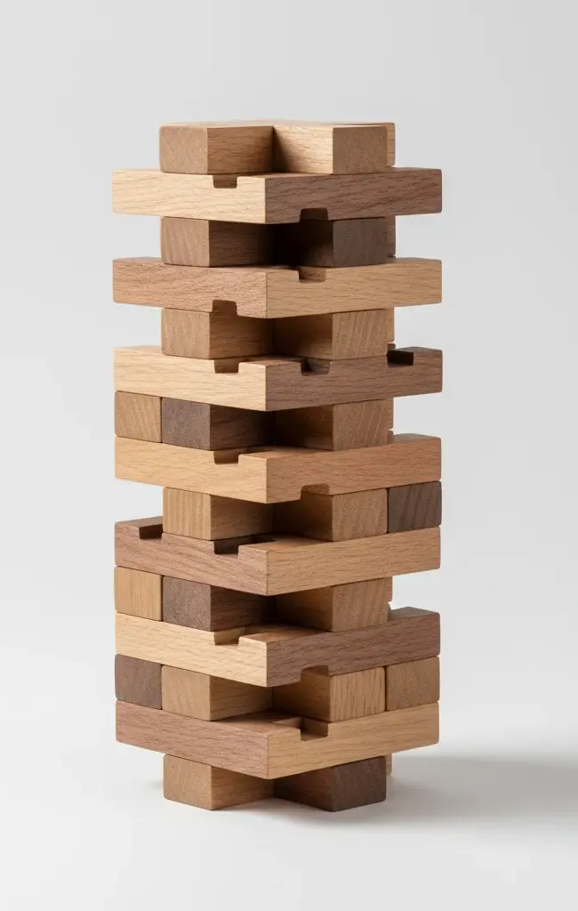 A tall, vertical tower built from interlocking wooden blocks of alternating light and dark wood.