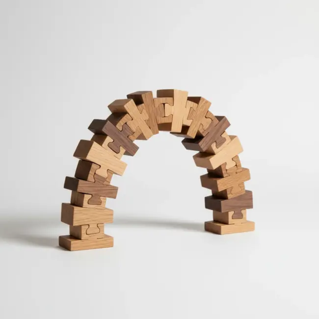 Multiple individual wooden puzzle pieces scattered on a white surface, showcasing four distinct shades of natural wood.