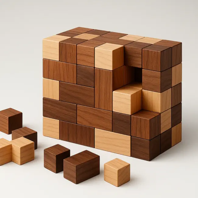 RightFit Strategy Framework wooden puzzle blocks partially assembled into a larger 3-D rectangle