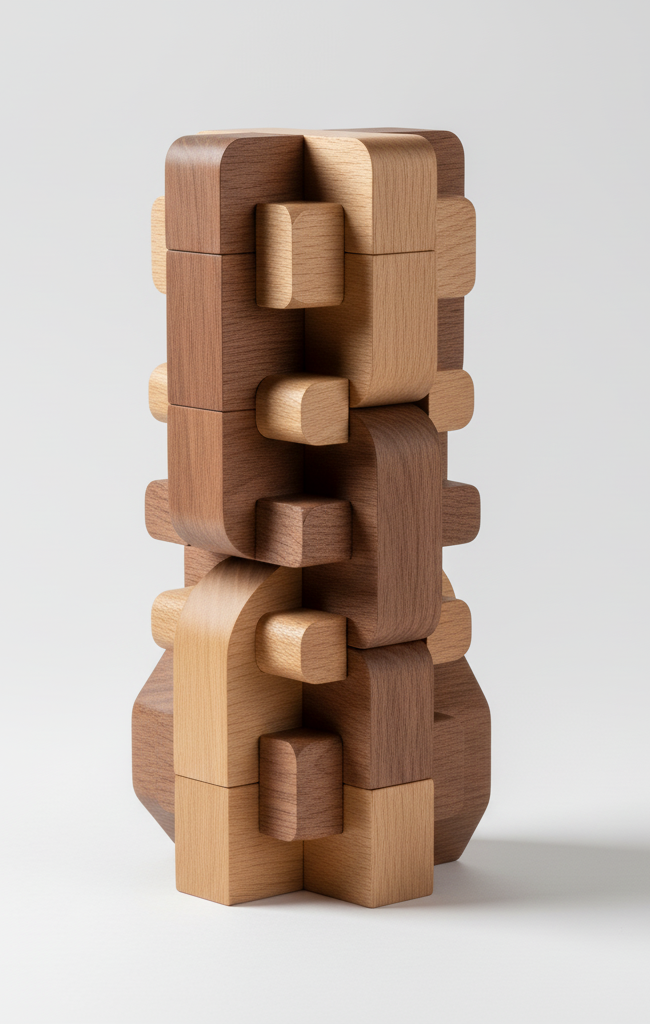 Uniquely structured wooden tower made of light and dark wooden pieces