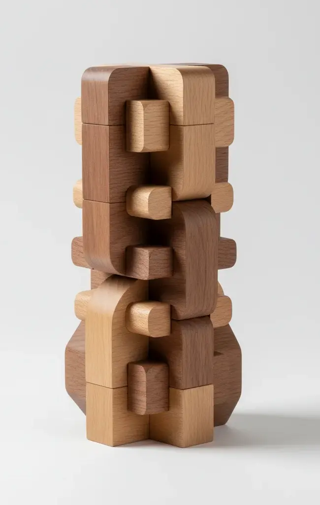 Uniquely structured wooden tower made of light and dark wooden pieces
