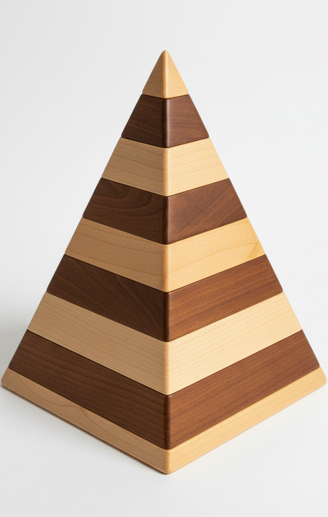 3 dimensional pyramid made of alternating light and dark wooden panels. Made to signify a perfect fit