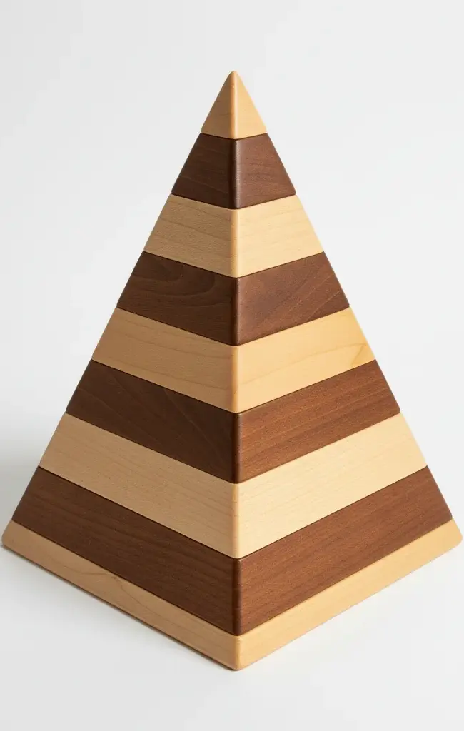 3 dimensional pyramid made of alternating light and dark wooden panels. Made to signify a perfect fit