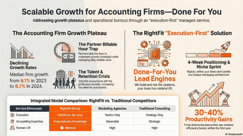 Infographic highlighting the challenges for accounting firms trying to scale for growth. Highlights the benefits of using RightFit Accounting Performance Group.