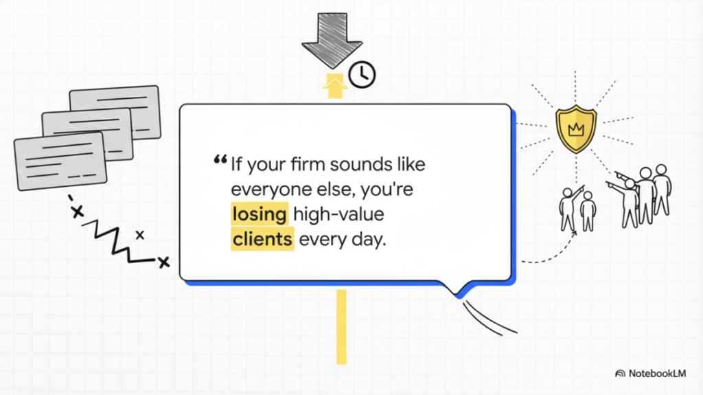 Graphic that says "If your firm sounds like everyone else, you're losing high-value clients every day.